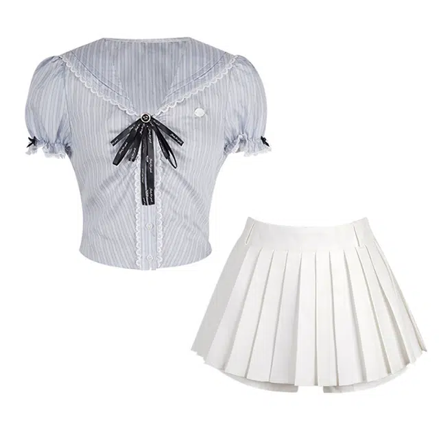 花铃太太 海军领短款简约短袖衬衫学院风纯色设计感纯色百褶短裙休闲套装 女款