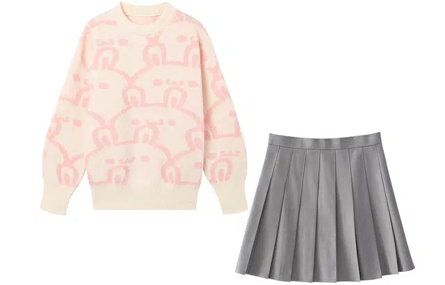 九条喵 卡通兔子满印提花针织毛衣纯色百褶半身裙分体休闲套装 女款