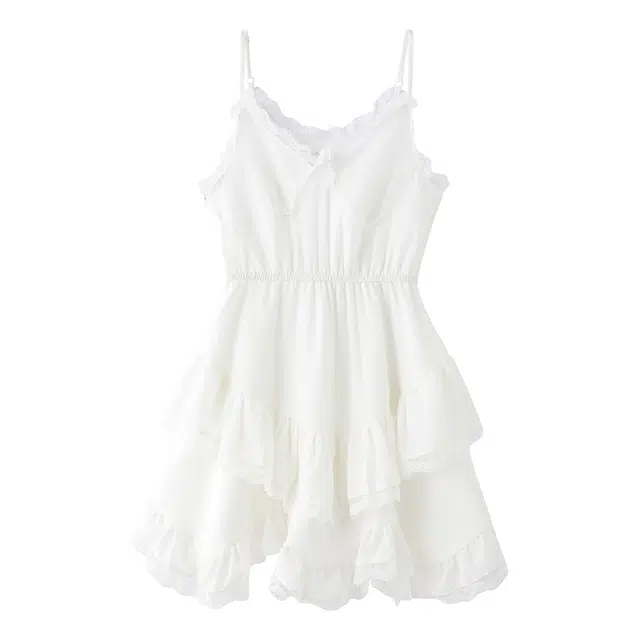 花栗鼠小姐 纯欲甜美风娃娃领拼接蕾丝花边高腰不规则蓬蓬显瘦蛋糕短裙吊带连衣裙 女款 白色