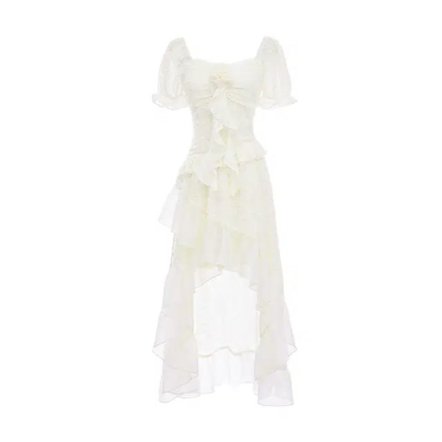 棉购 不规则荷叶边纯色短袖连衣裙 女款 杏色