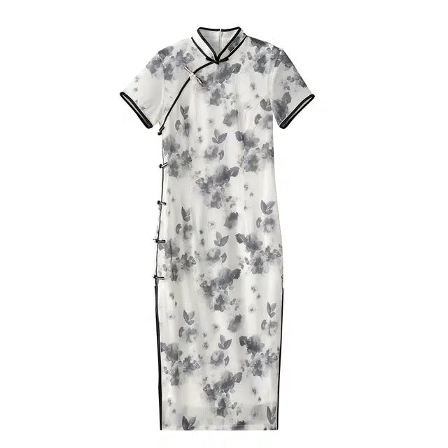 曲韩 水墨画旗袍女高级感中国风丹青改良短袖连衣裙 女款 花色