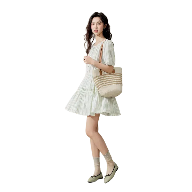 谜秀 法式小清新舒适休闲短袖连衣裙 女款 蓝白纹