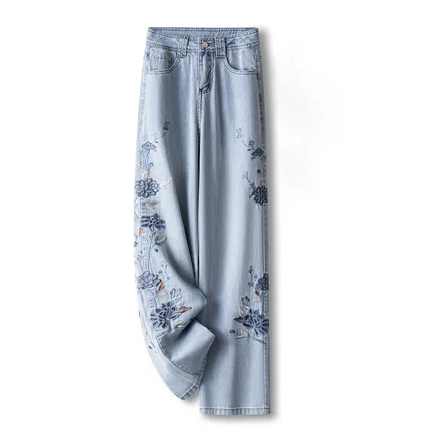 潞优野 新中式绣花显瘦宽松直筒牛仔裤 女款