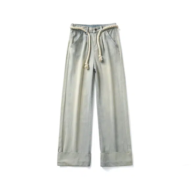 玫丝朵 美式复古细腰绳设计宽松牛仔裤 女款 浅蓝