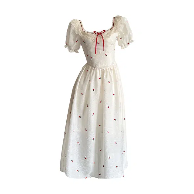 敲模女孩 法式泡泡袖方领刺绣碎花裙夏季复古气质收腰短袖连衣裙 女款 杏色