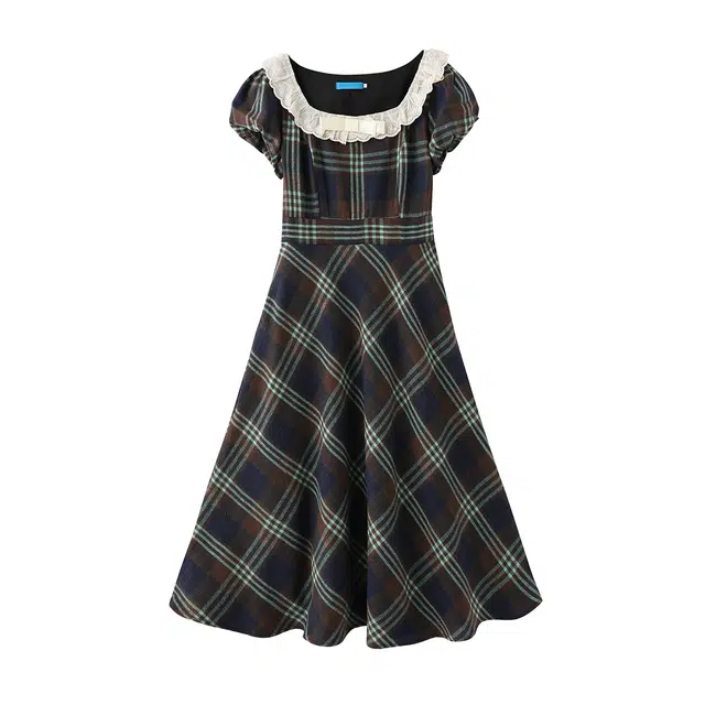 花栗鼠小姐 复古气质格子方领高级感蕾丝拼接收腰修身显瘦短袖连衣裙 女款 咖啡格