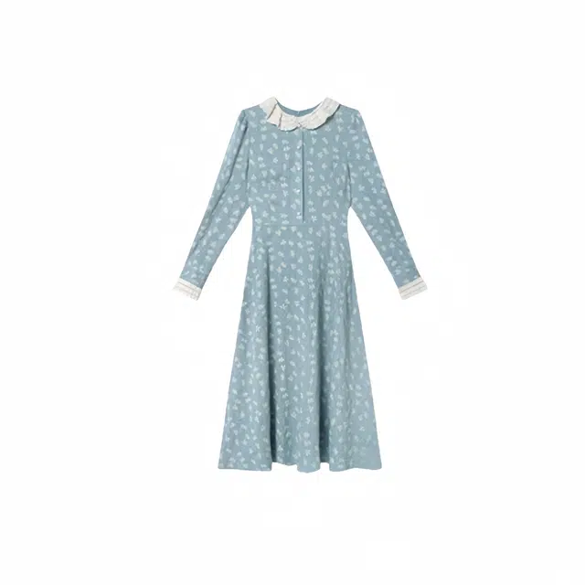 木清清 圆领碎花简约时尚通勤长袖连衣裙 女款 水蓝色