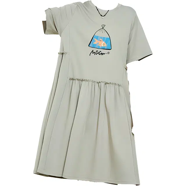 木果果木 日系松弛感压褶中长款时尚短袖连衣裙 女款