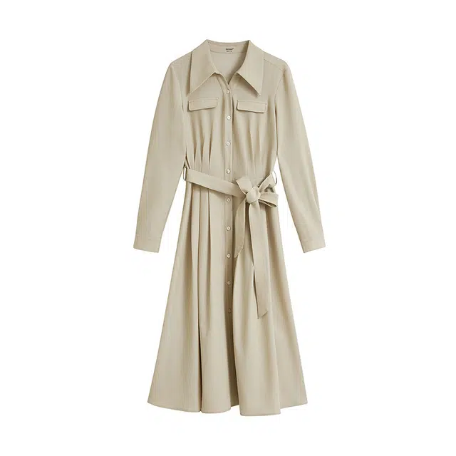 茵曼 法式翻领纯色简约通勤长袖连衣裙 女款 杏色