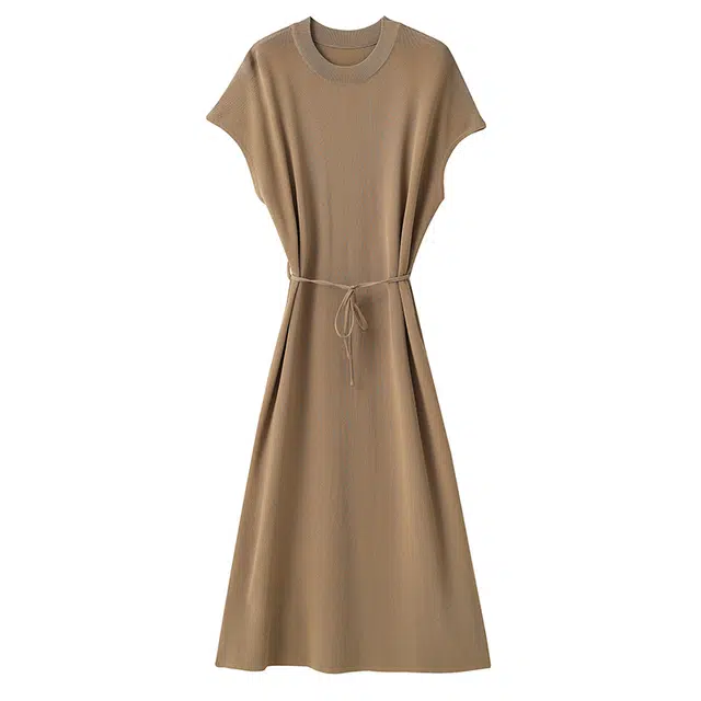 曲韩 圆领系带收腰显瘦针织长裙子简约休闲宽松夏季短袖连衣裙 女款