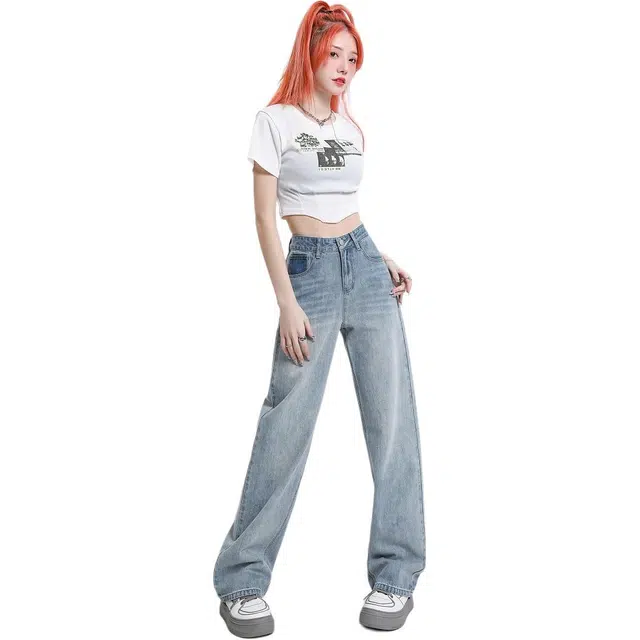 欧迪芬 美式简约基础垂感复古做旧水洗高腰薄款透气直筒辣妹牛仔裤 女款