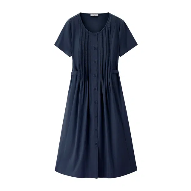 佐丹奴 莱赛尔文艺风压褶收腰圆领短袖连衣裙 女款