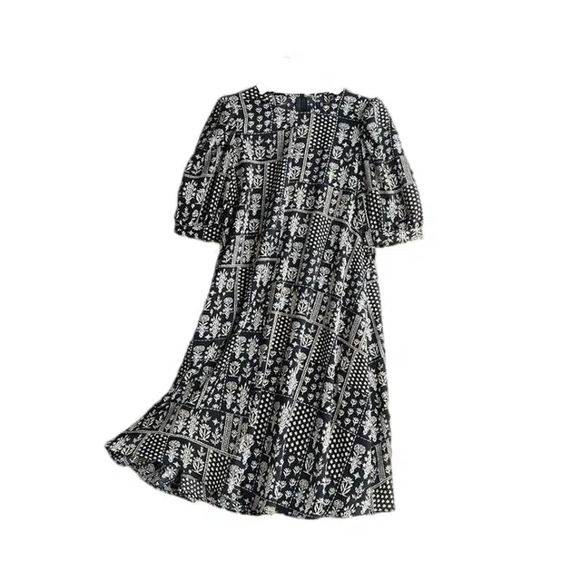 曲韩 法式圆领印花雪纺中长裙子复古减龄通勤夏季短袖连衣裙 女款 黑色