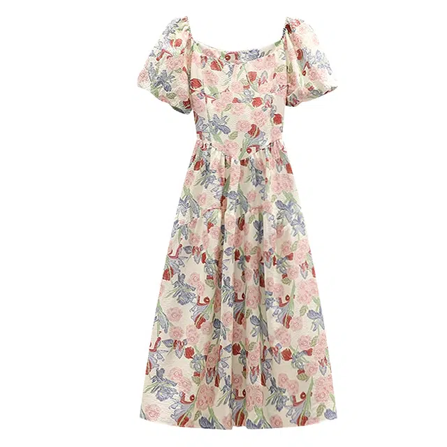 怪力萝莉 法式茶歇桔梗浪漫碎花方领钉珠胖遮肚子显瘦长短袖连衣裙 女款