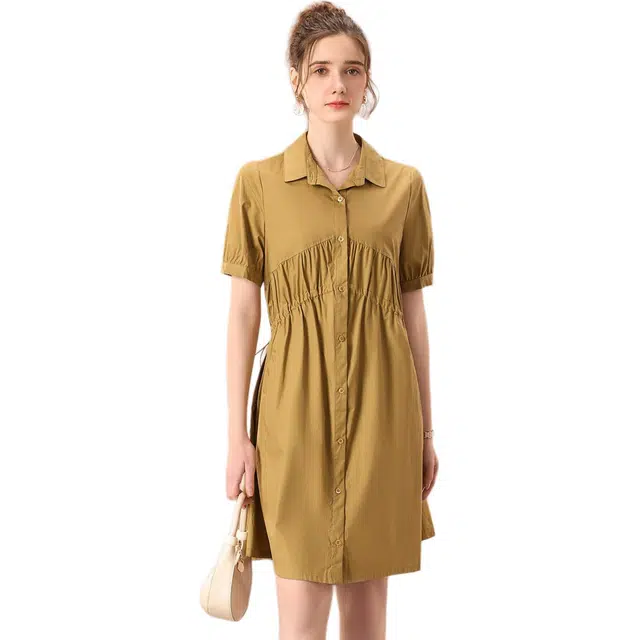 粉红玛琍 时尚翻领百搭短袖连衣裙 女款 卡其色