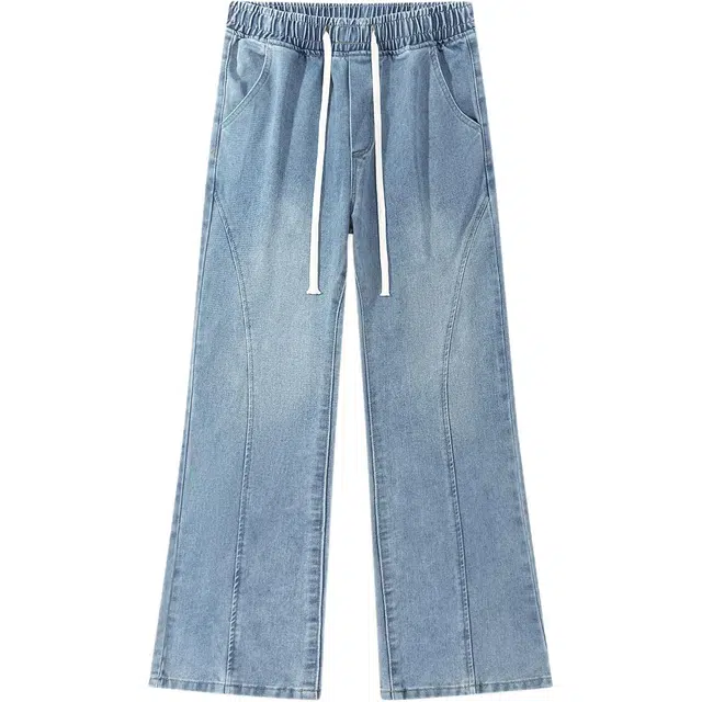 木林森 美式复古高街水洗废土风抽绳直筒百搭潮流痞帅宽松休闲牛仔裤 男女同款