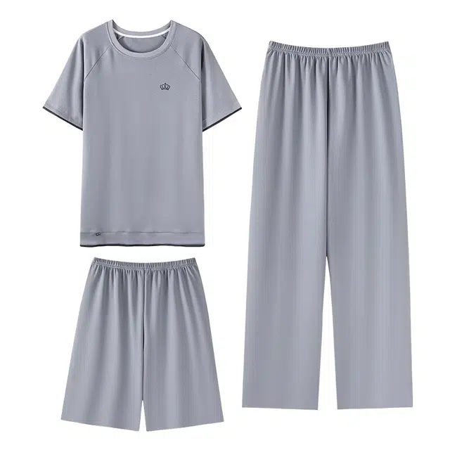 向薇 薄款三件套圆领短袖休闲家居服睡衣套装 男款