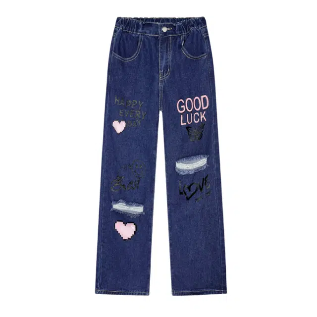 木清清 设计感破洞高腰合身牛仔裤 女款 蓝色