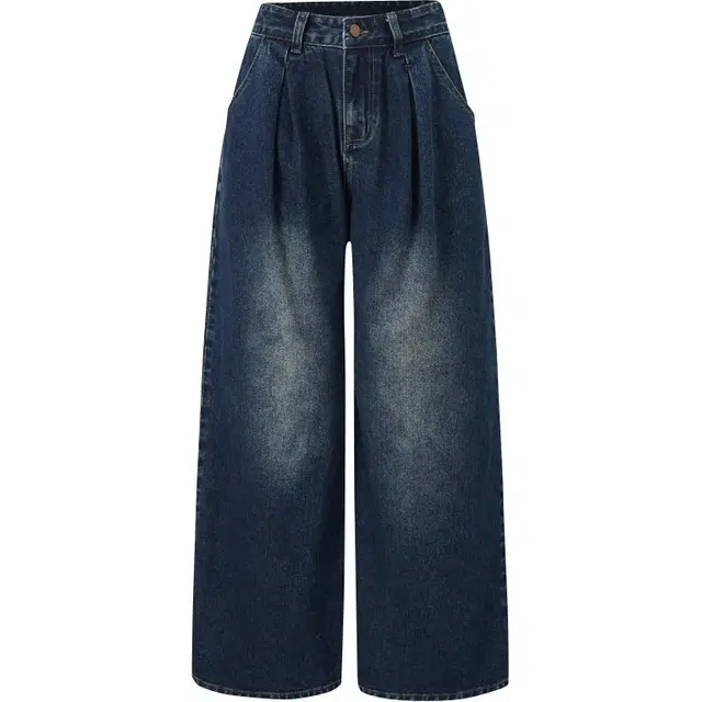 玫丝朵 美式复古褶皱水洗做旧宽松阔腿牛仔裤 女款