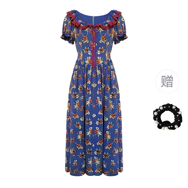 雾闪闪 法式复古收腰显瘦小清新碎花设计感泡泡短袖连衣裙 女款