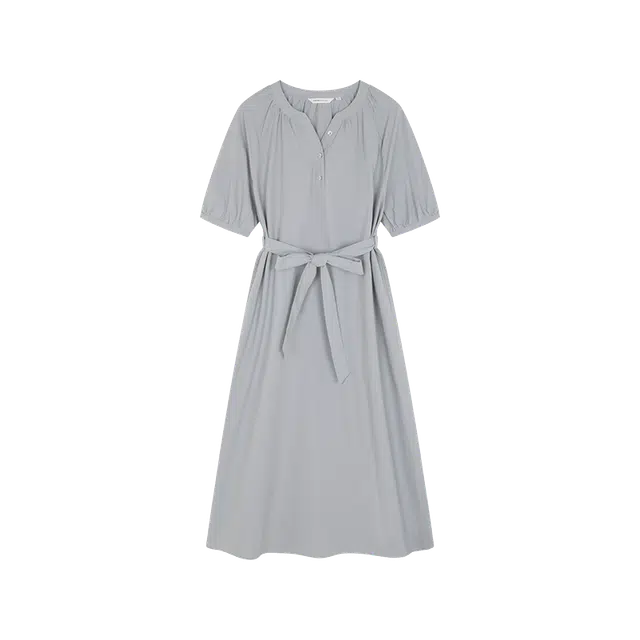 沫晗依美 温柔修身纯色短袖连衣裙 女款 雾蓝灰色