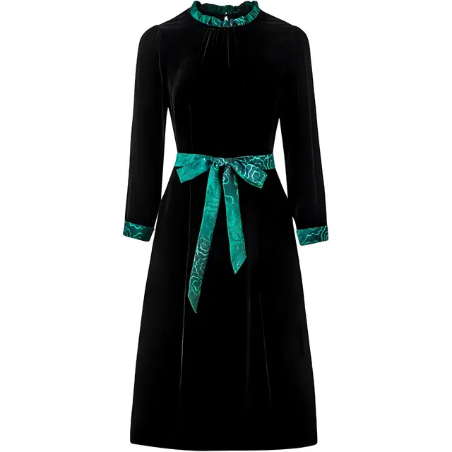 水墨佳人 优雅设计感纯色拼接绑带圆领中长长袖连衣裙 女款 黑色