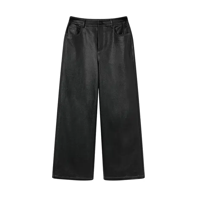 区区欧阳 复古纯色高腰宽松阔腿休闲皮裤 女款 黑色