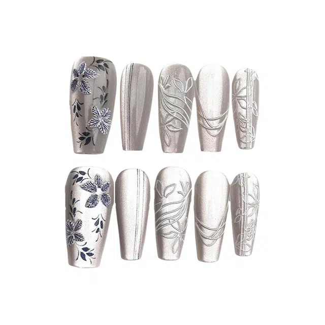 计轩 印花中国风温柔浮雕显白  穿戴甲 长方银白色晕染 新中式