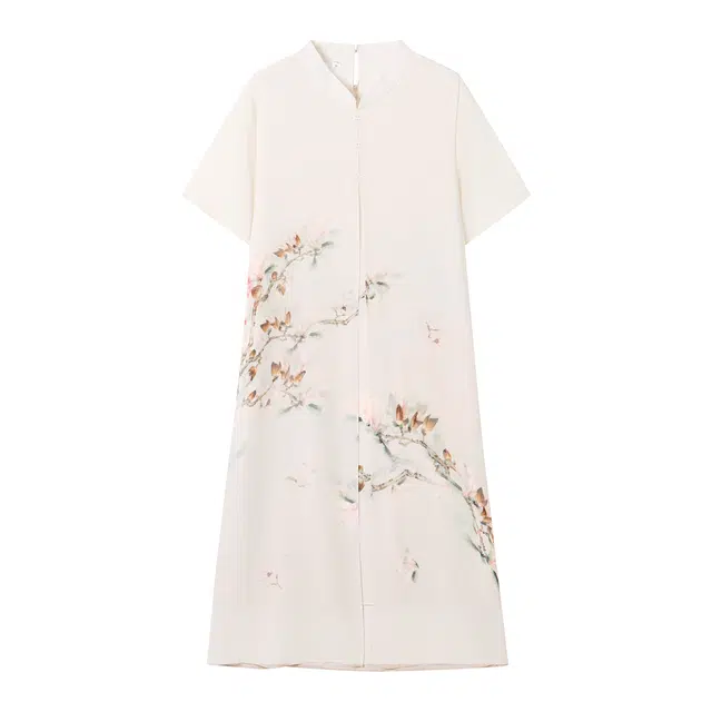 曲韩 新中式素雅气质简约短袖连衣裙 女款 米白色