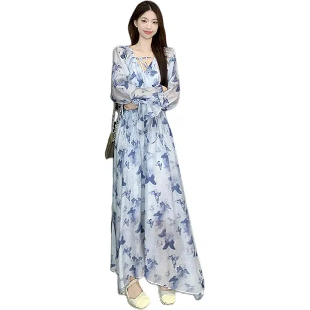 思蓓儿 法式碎花收腰气质长袖连衣裙 女款 蓝色