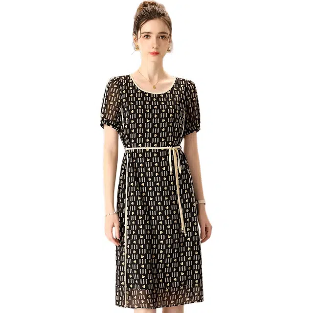 粉红玛琍 休闲气质舒适短袖连衣裙 女款 黑色