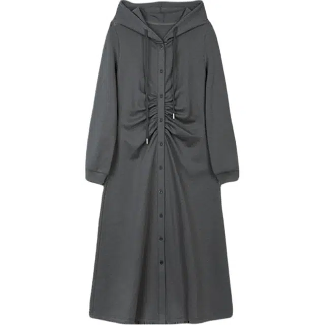 沫晗依美 褶皱收腰纯色连帽长袖连衣裙 女款 灰色