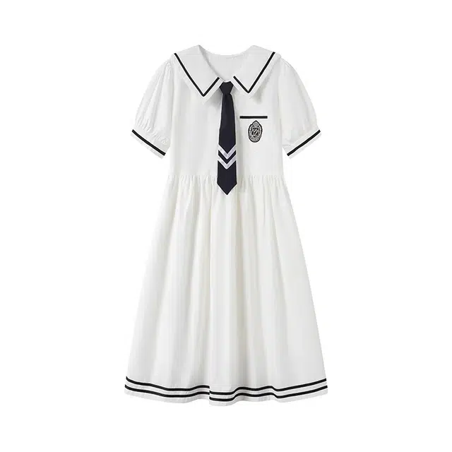 古莲菲 学院风水手服夏季海军领收腰长款显瘦短袖连衣裙 女款