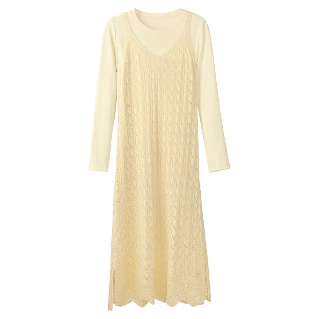 法儿家 此间慵懒早春韩系针织吊带气质长袖连衣裙 女款 黄色