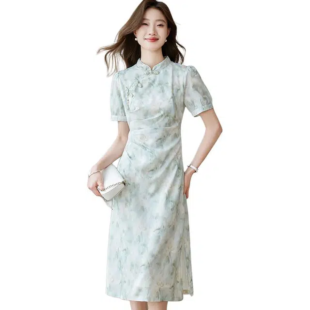 曲韩 新中式碎花女气质收腰短袖连衣裙 女款 花色