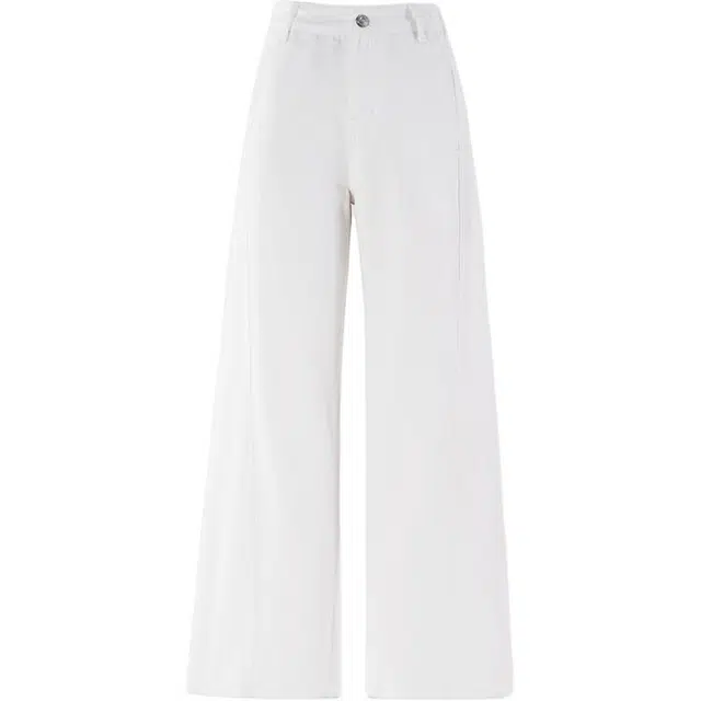 花蔓色 美式复古学院风高腰纯色前贴袋宽松版型拼接垂感弯刀阔腿直筒牛仔裤 女款