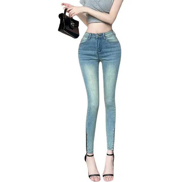 思蓓儿 酒杯腿弹力水洗磨白小脚高腰紧身直筒九分裤牛仔裤 女款 浅蓝色