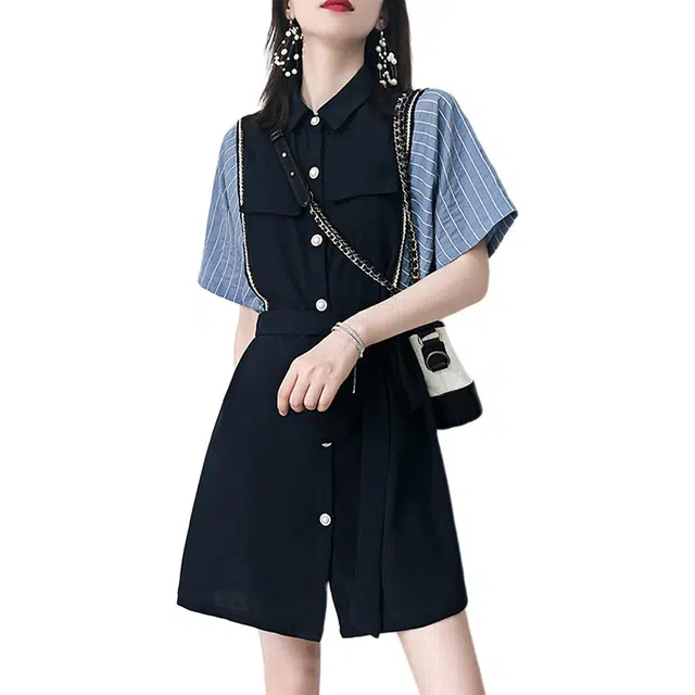 【dme】 法式条纹拼接撞色中长裙时尚减龄气质通勤短袖连衣裙 女款 藏青