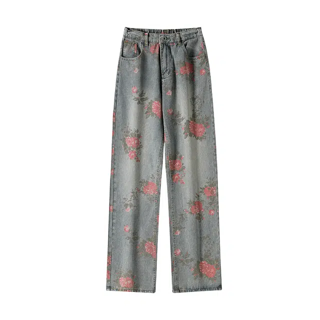 欧迪芬 美式复古扎染高街设计感满印花朵薄款休闲高腰牛仔裤 女款 蓝色