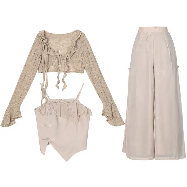 森女部落 原创新中式侘寂风外衫不规则暗纹吊带古风垂感舒适下衣休闲套装 女款 细语斑驳