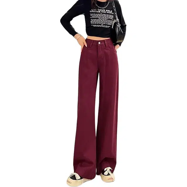 怪力萝莉 宽松复古高腰牛仔裤 女款 酒红色
