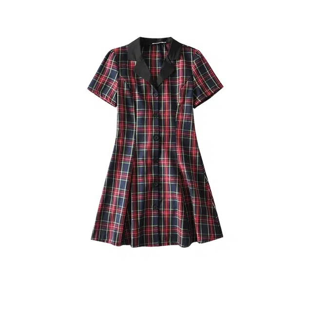 桴生 法式复古修身少女心西装领后背系带收腰显瘦短裙短袖连衣裙 女款 红蓝格子