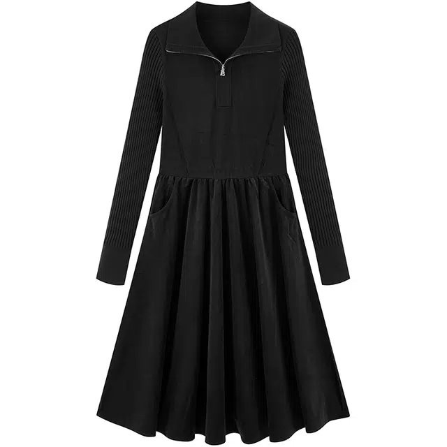 太平鸟 纯色法式翻领合身长款长袖连衣裙 女款 黑色