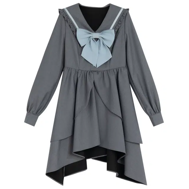 森女部落 原创学院风衬衫裙设计感不规则裙子高级感灰色连衣裙初秋 女款