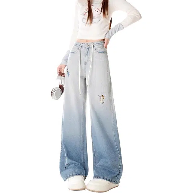 费尔岛上的猫 大码美式复古水洗阔腿春季宽松显瘦百搭垂感直筒拖地裤牛仔裤 女款 浅蓝色