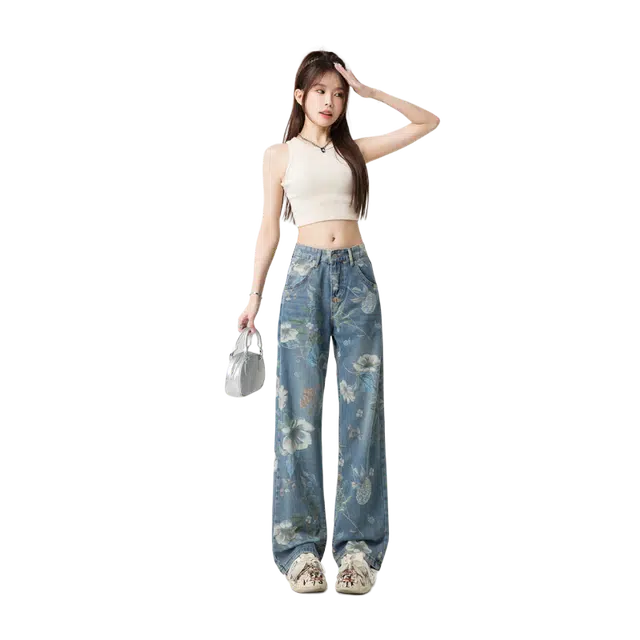 新世家族 花卉水洗做旧弯刀裤高腰宽松直筒裤时尚百搭牛仔裤 女款 蓝色