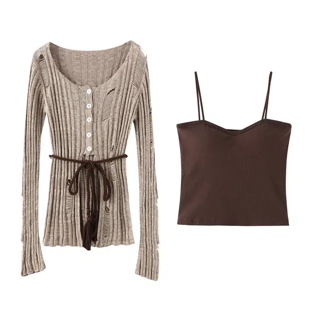 花栗鼠小姐 美式破洞设计感修身开叉镂空针织衫纯色背心休闲套装 女款