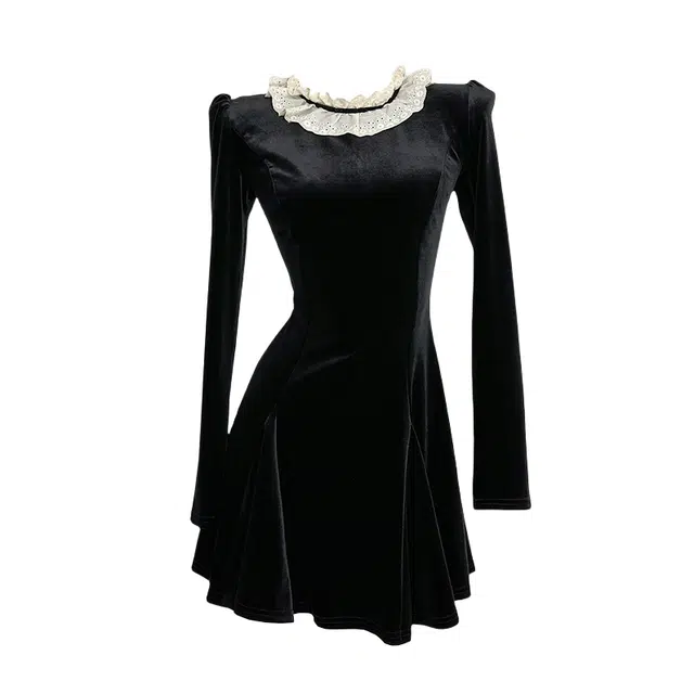 涂诗菲 法式古着花边蕾丝圆领高腰短裙长袖连衣裙 女款 黑色