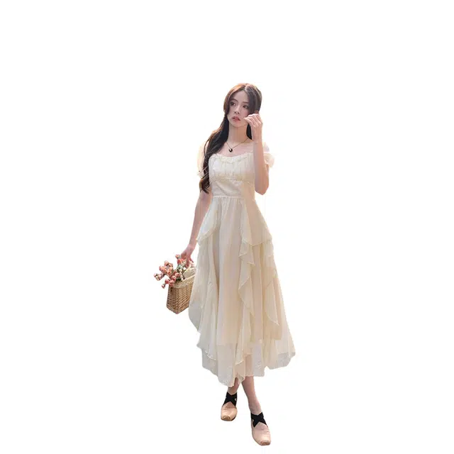 缪斯的诱惑 韩版法式温柔风中长款修身短袖连衣裙 女款