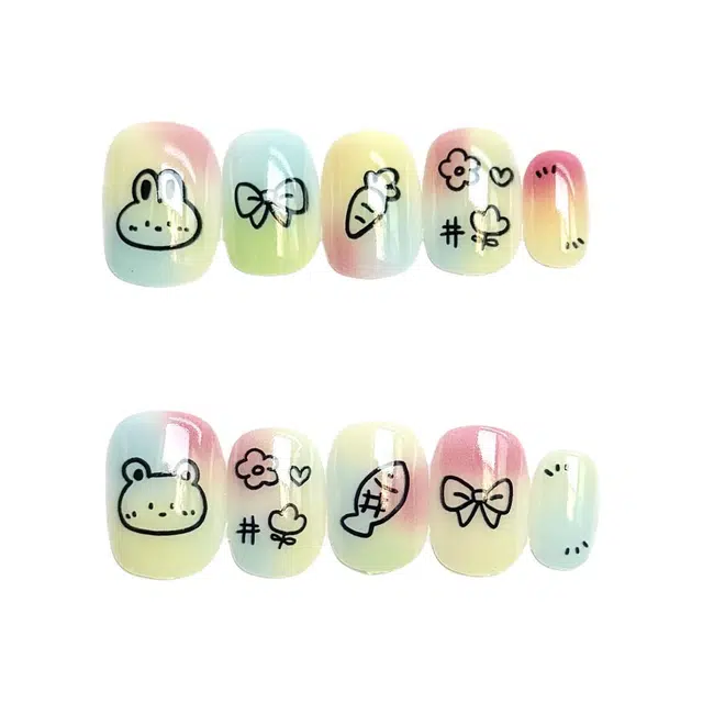 计轩 卡通兔子蝴蝶结印花  穿戴甲 短圆彩色晕染 可爱